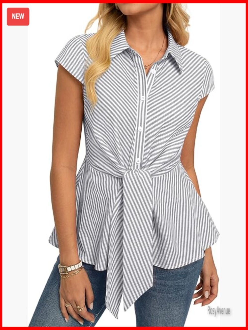 Striped Button Down Peplum Top Short Sleeve Work Blouse Tie Front Cotton